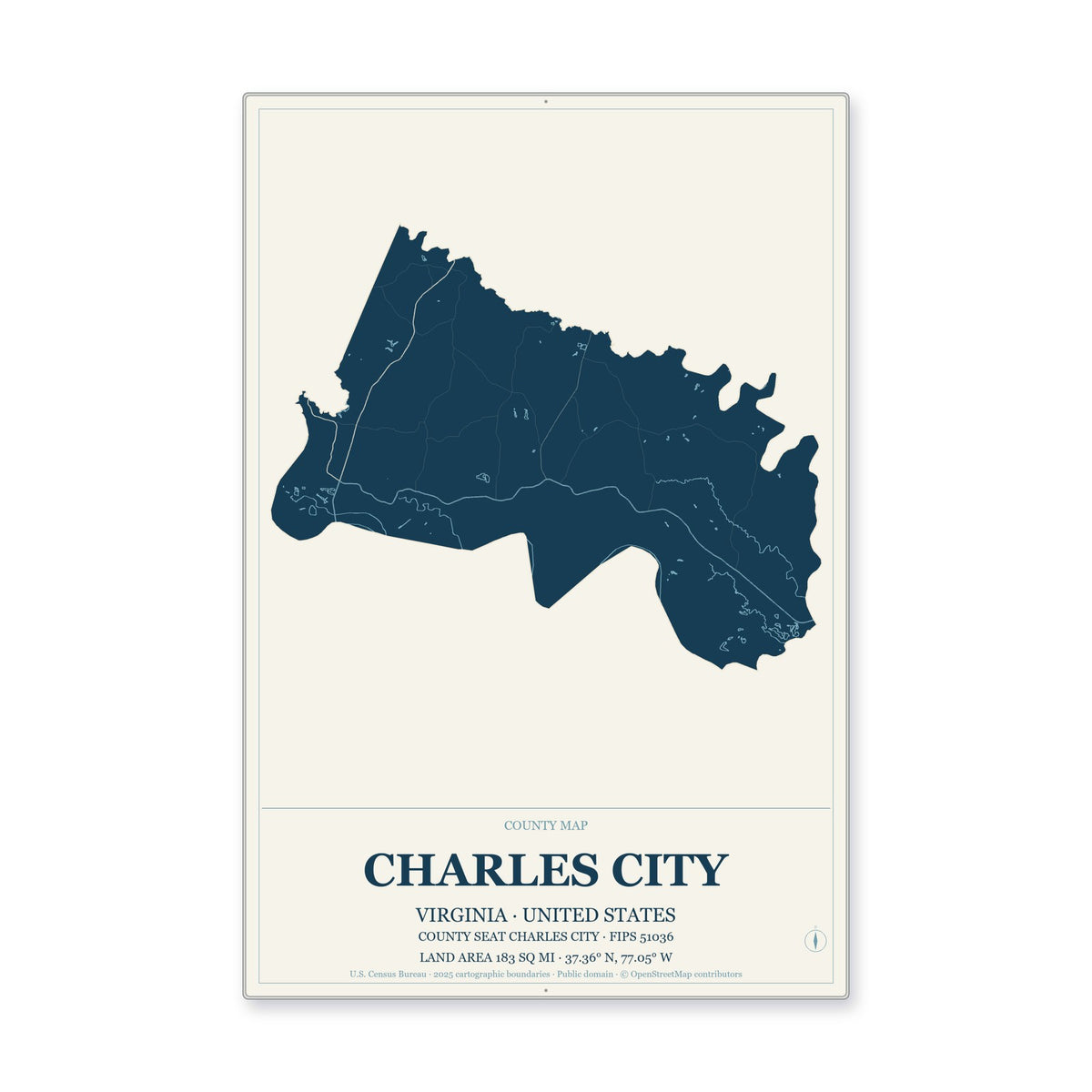 Charles City County, Virginia Map Aluminum Sign in Coastal Cutout style