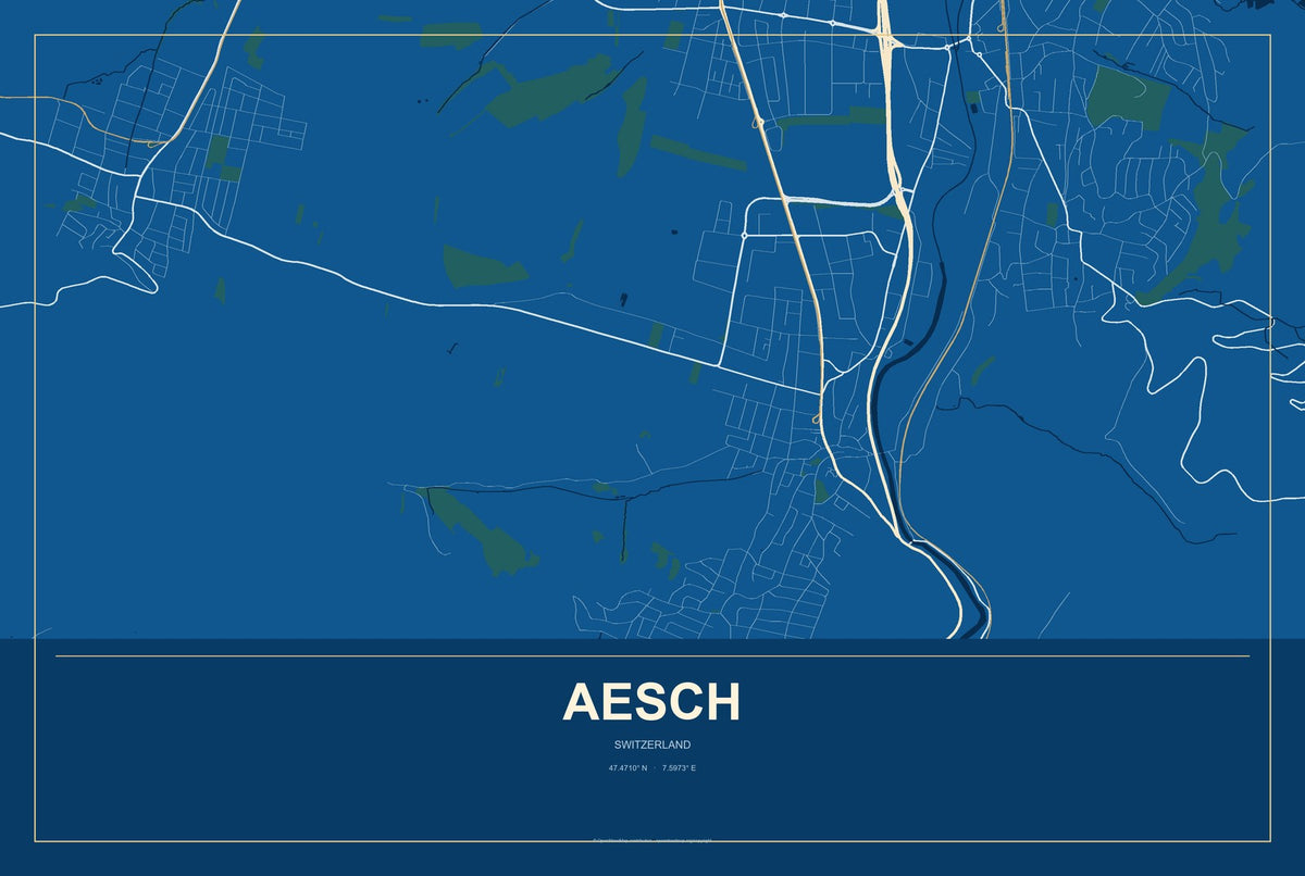 Aesch, Switzerland City Map Aluminum Sign in Harbor Cobalt style