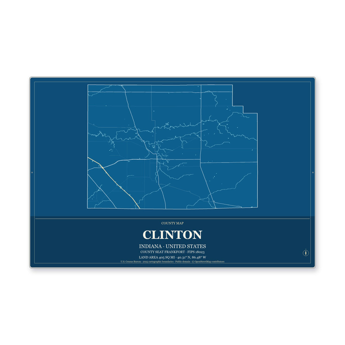 Clinton County, Indiana Map Aluminum Sign in Harbor Cobalt style