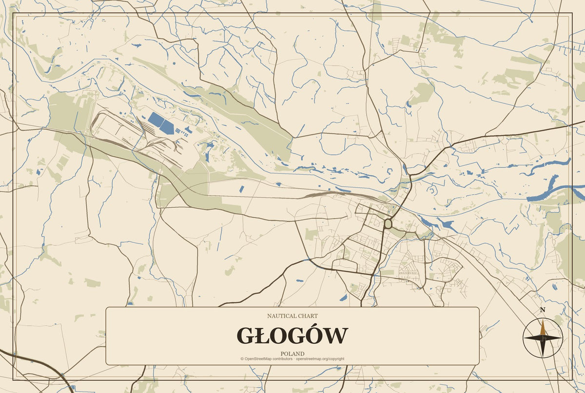 Głogów, Poland City Map Aluminum Sign in Heritage Nautical style