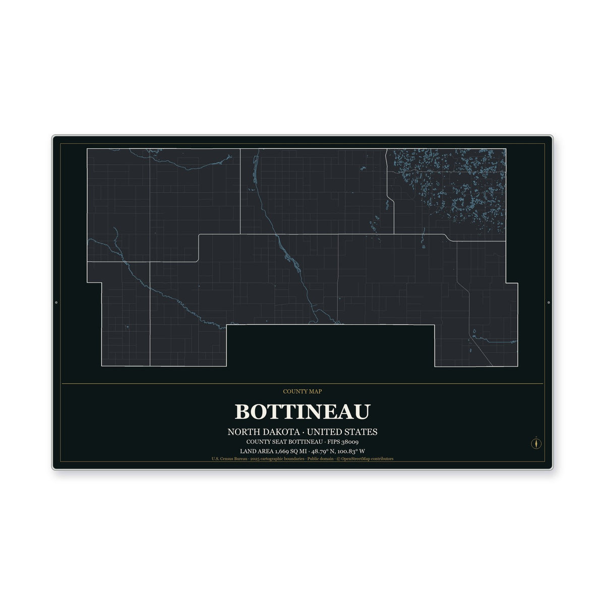 Bottineau County, North Dakota Map Aluminum Sign in Metropolitan Noir style