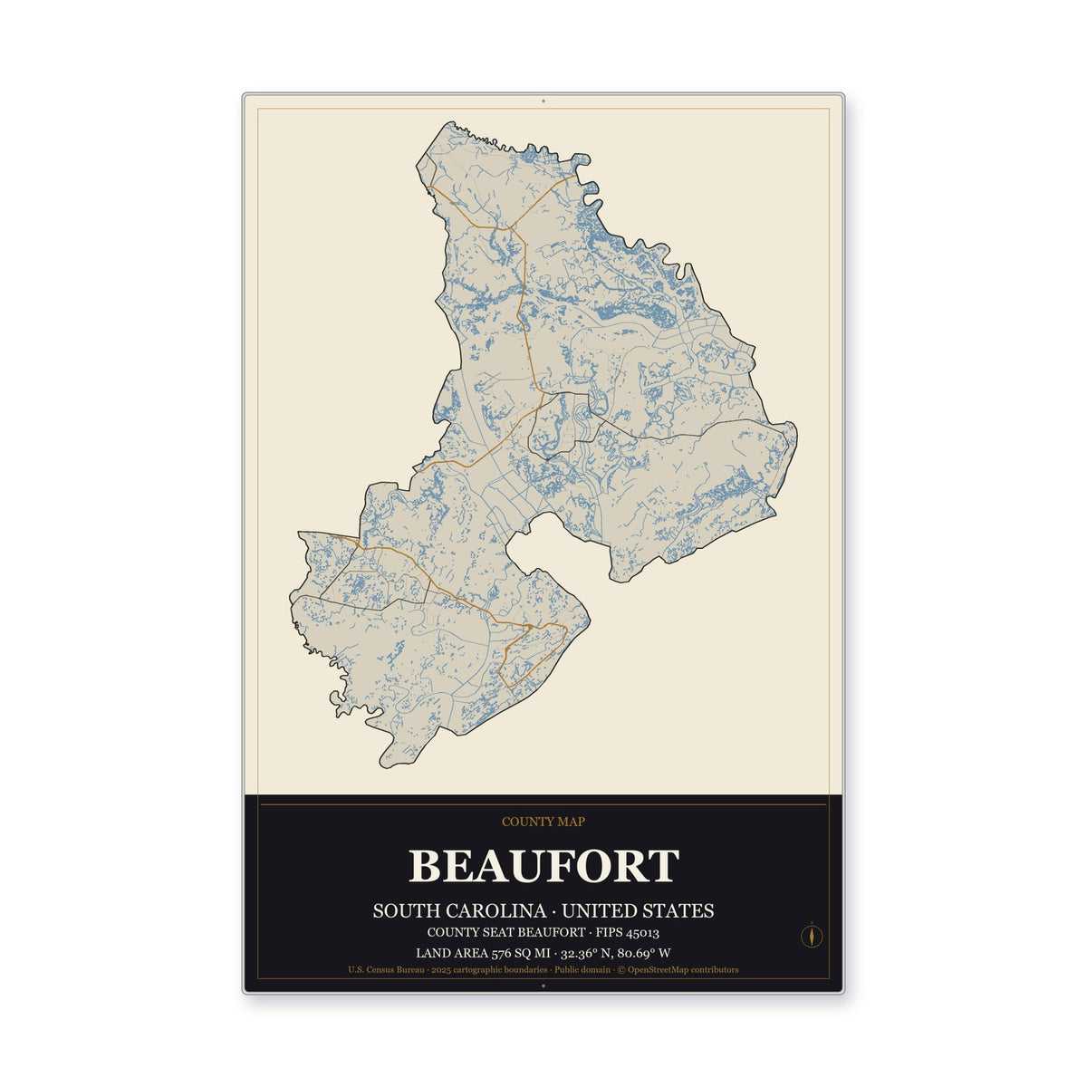 Beaufort County, South Carolina Map Aluminum Sign in Museum Plaque style