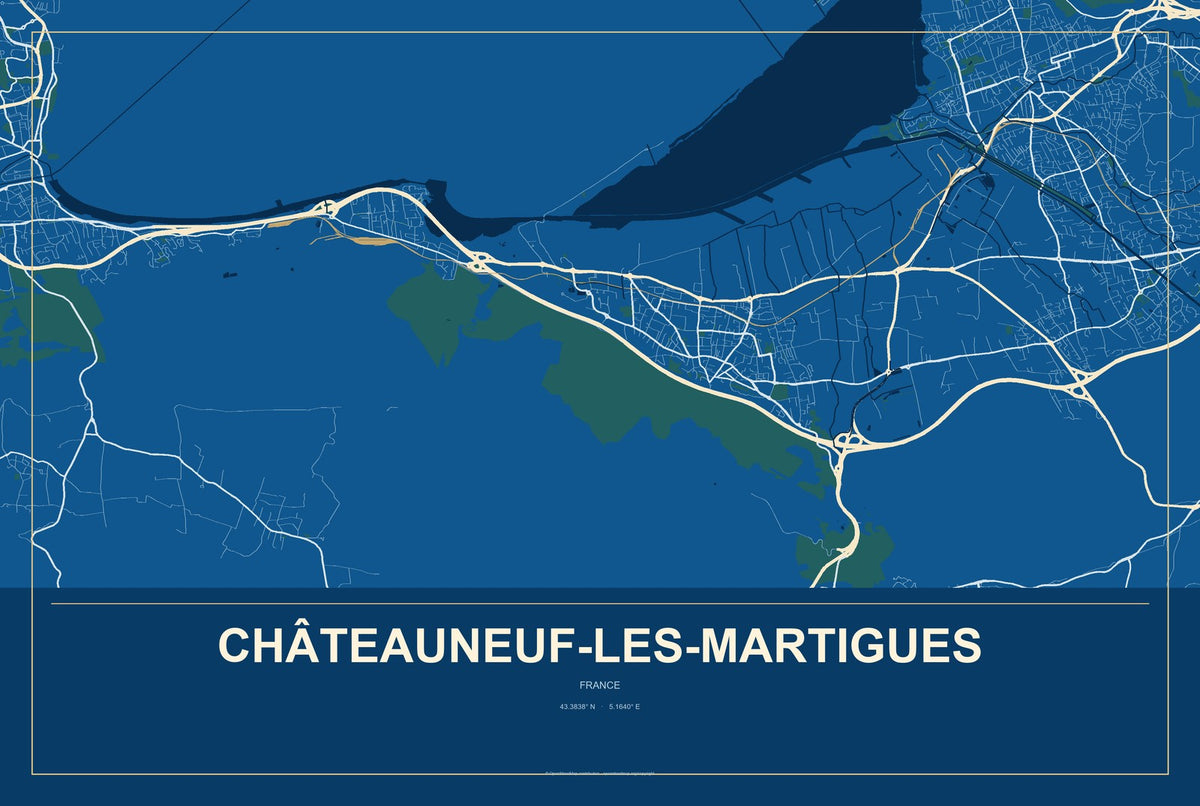 Châteauneuf-les-Martigues, France City Map Aluminum Sign in Harbor Cobalt style