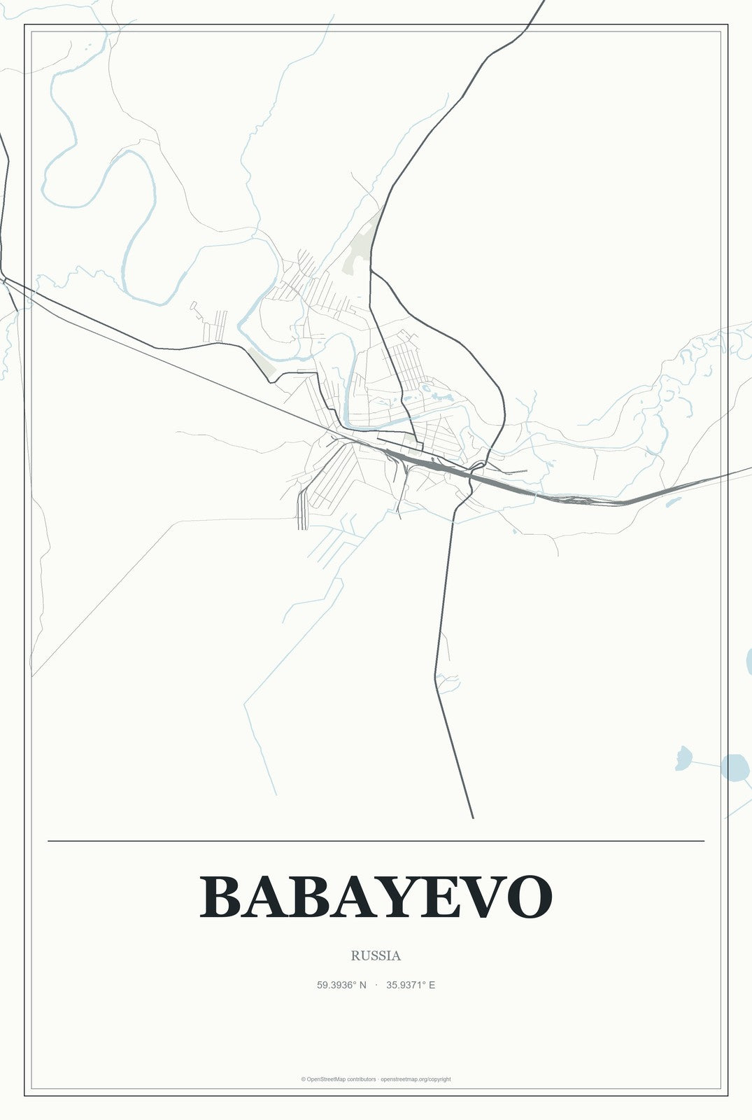 Babayevo, Russia City Map Aluminum Sign in Gallery Air style