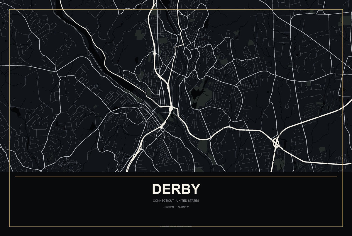 Derby, Connecticut City Map Aluminum Sign in Metropolitan Noir style