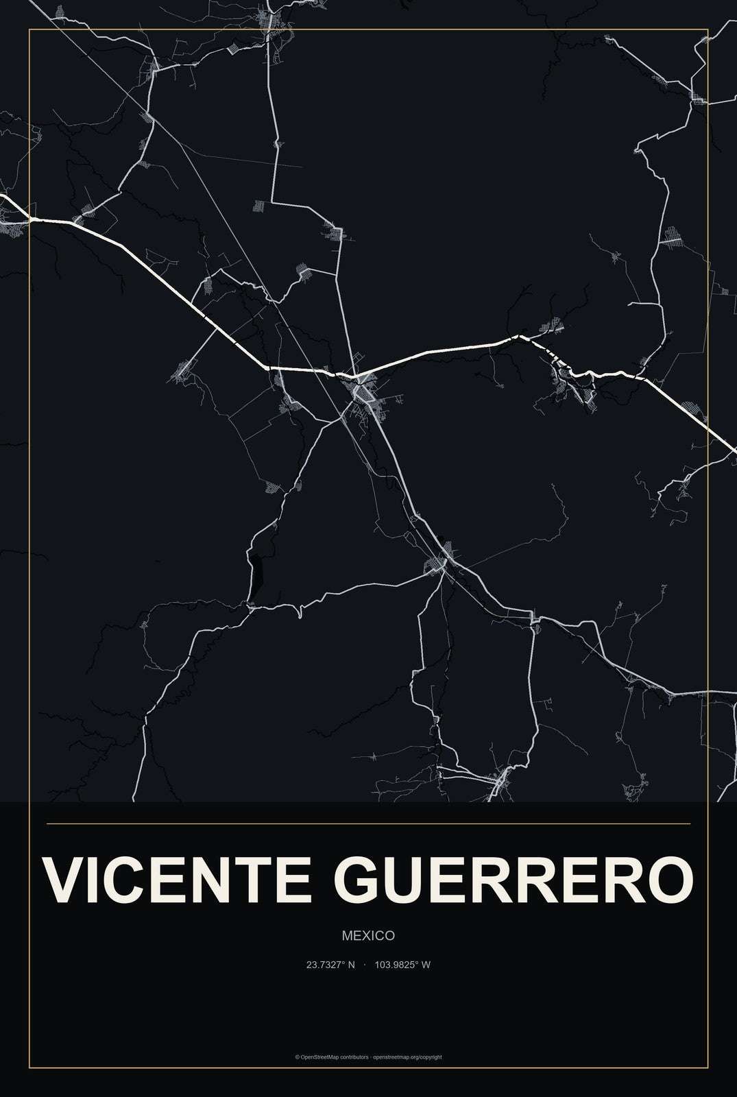 Vicente Guerrero, Oaxaca, Mexico City Map Aluminum Sign in Metropolitan Noir style
