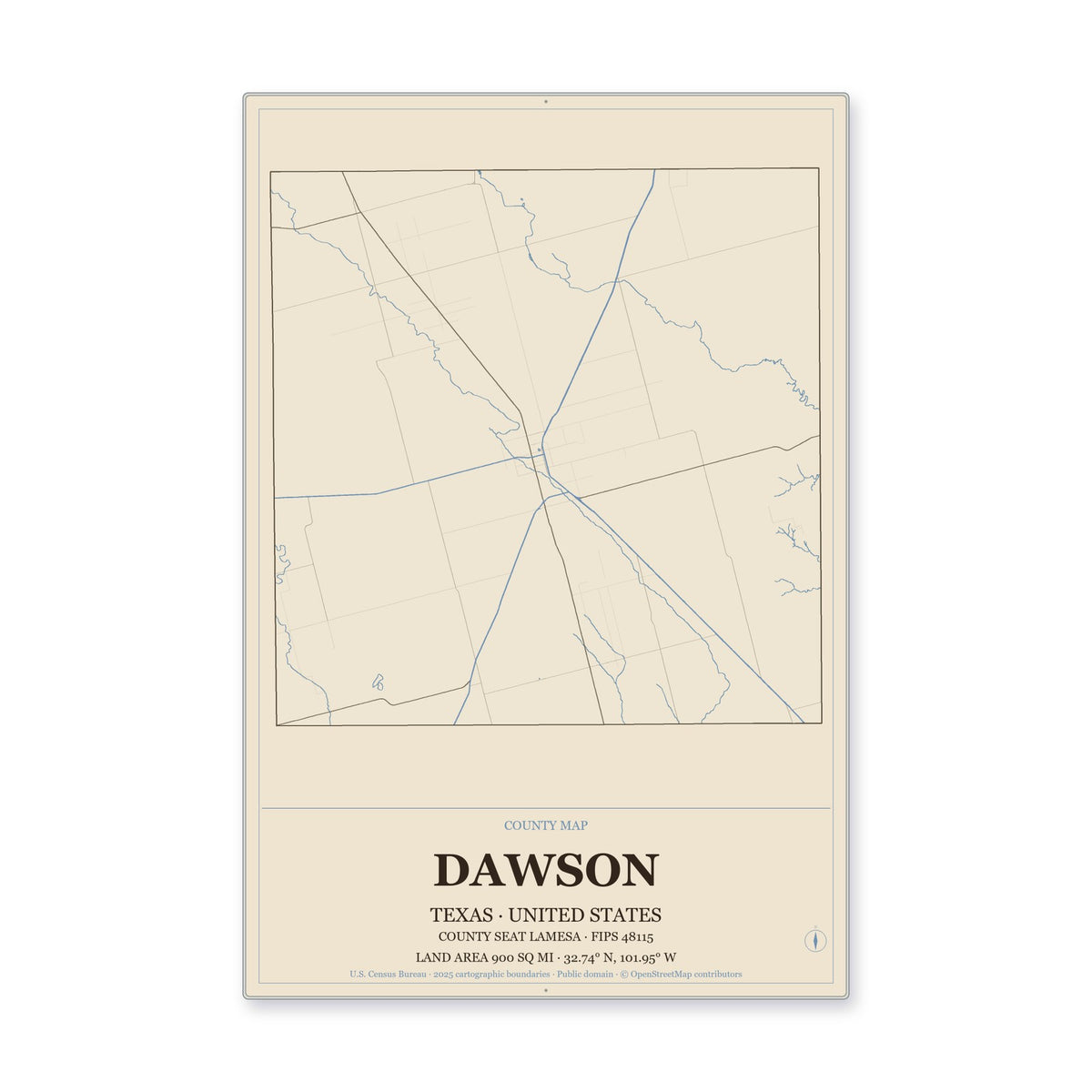 Dawson County, Texas Map Aluminum Sign in Heritage Nautical style