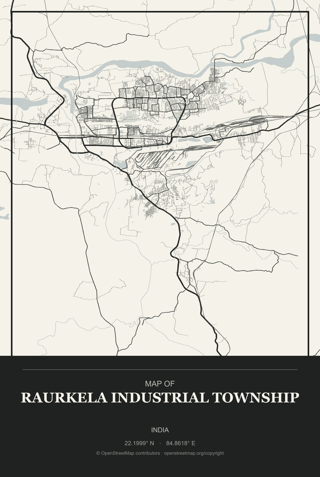 Raurkela Industrial Township, India City Map Aluminum Sign in Museum Plaque style