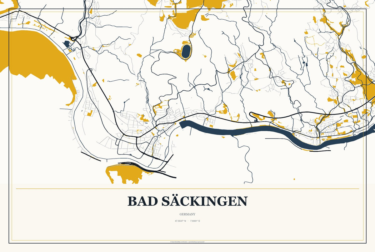 Bad Säckingen, Germany City Map Aluminum Sign in Citrine Modern style