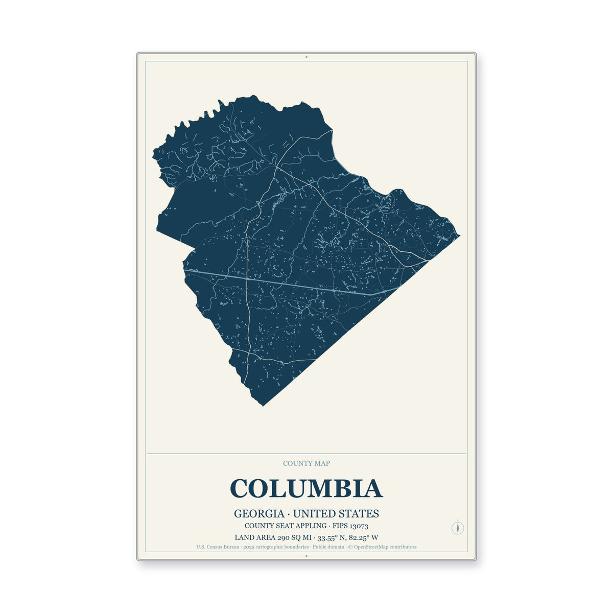 Columbia County, Georgia Map Aluminum Sign in Coastal Cutout style
