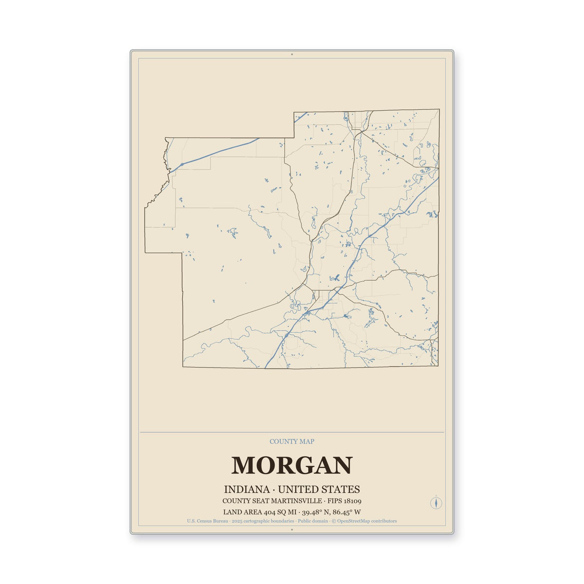 Morgan County, Indiana Map Aluminum Sign in Heritage Nautical style