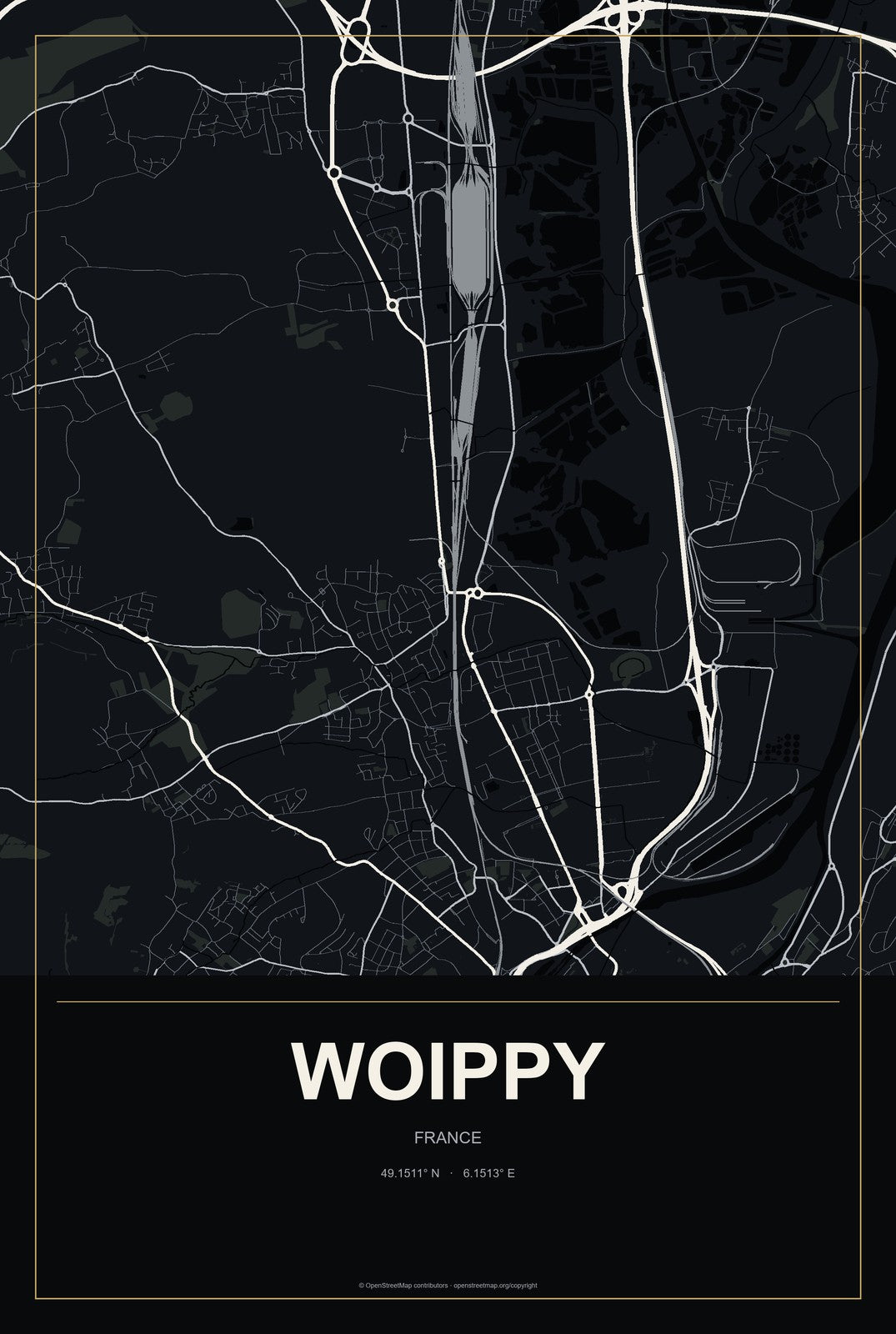 Woippy, France City Map Aluminum Sign in Metropolitan Noir style