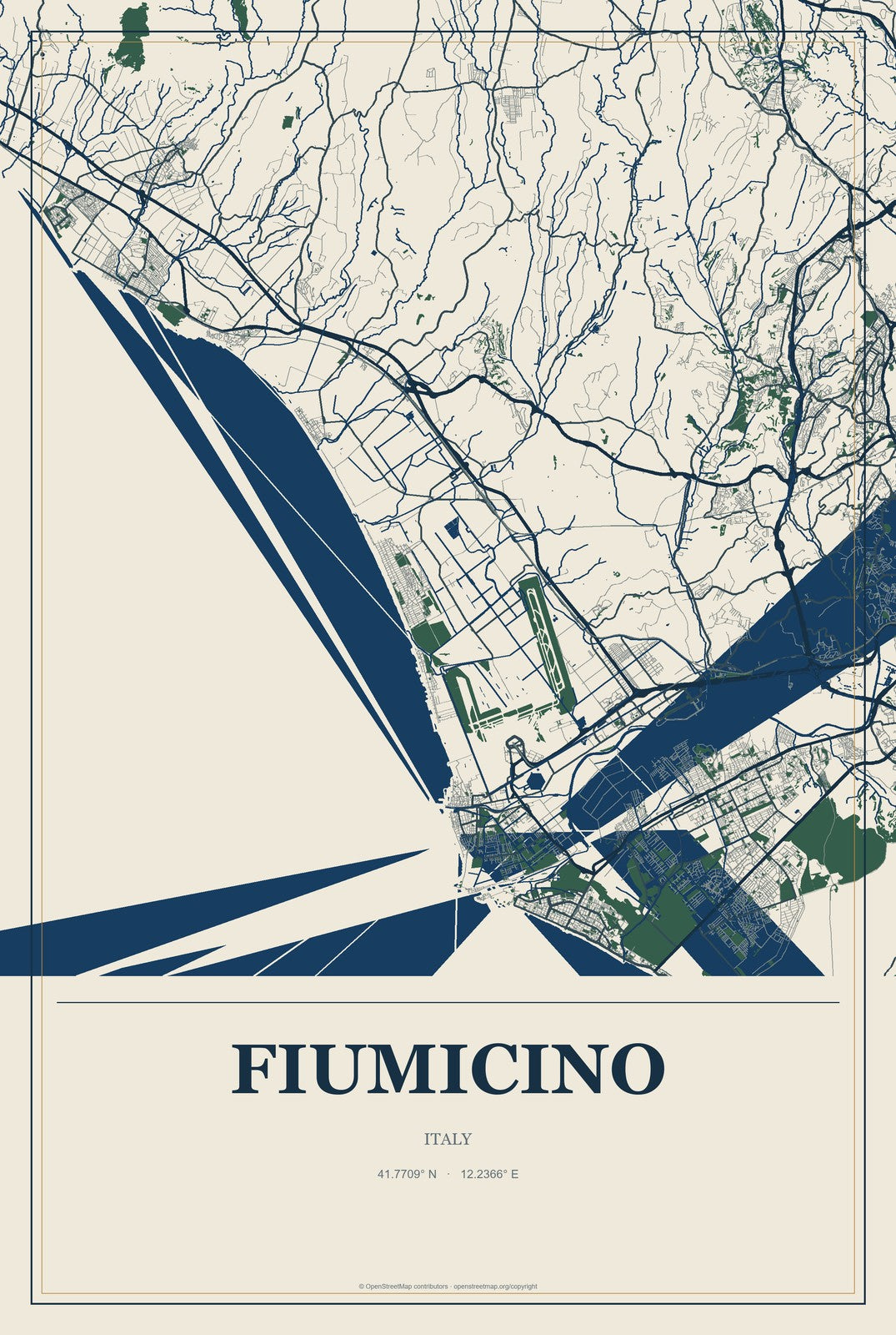Fiumicino, Italy City Map Aluminum Sign in Coastal Cutout style