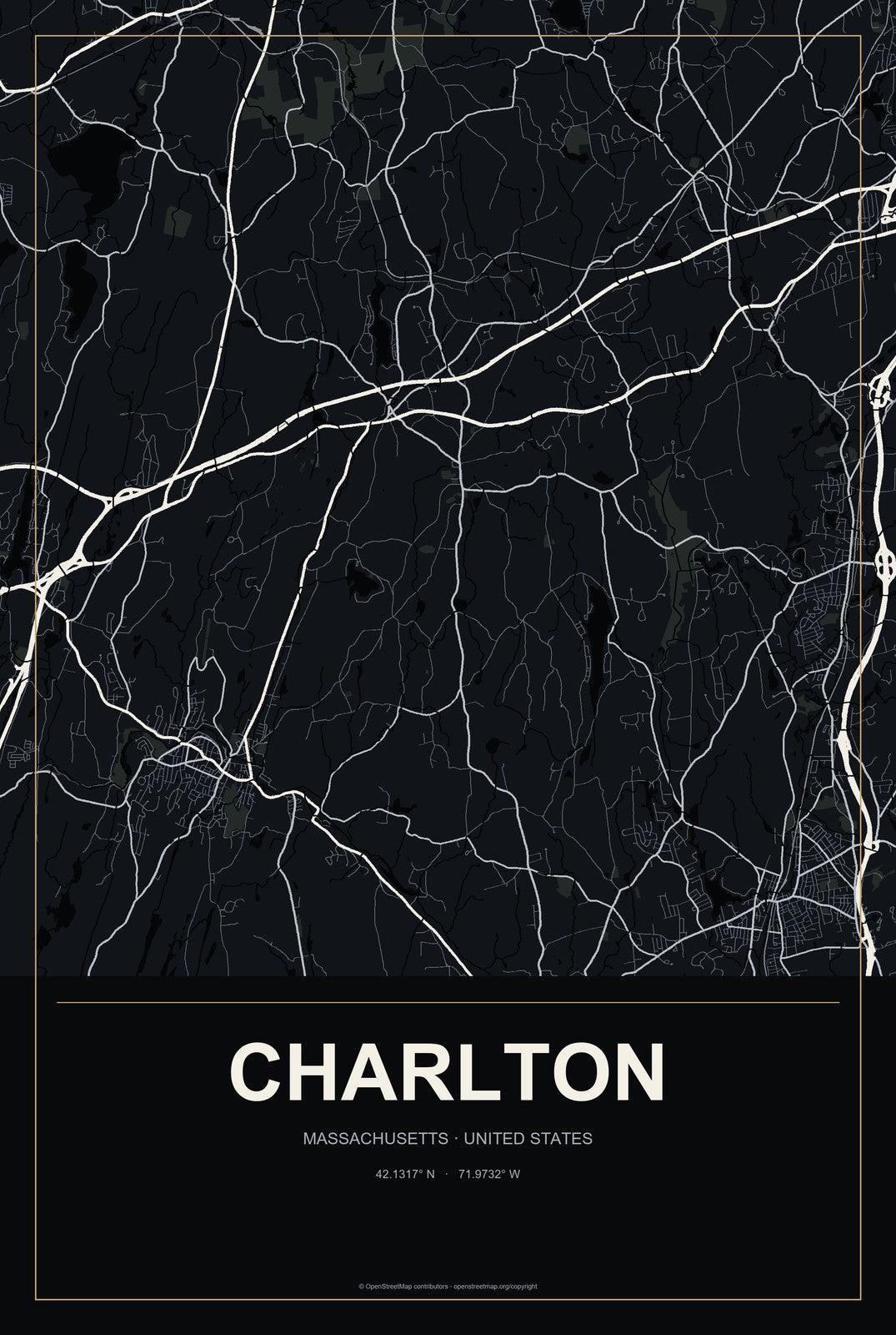 Charlton, Massachusetts City Map Aluminum Sign in Metropolitan Noir style