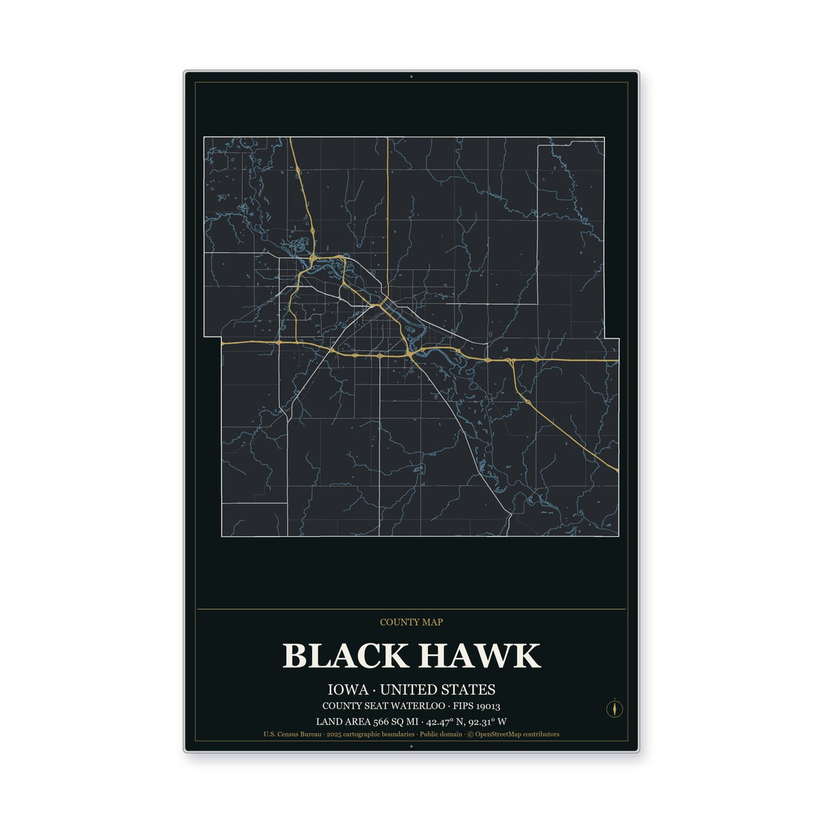 Black Hawk County, Iowa Map Aluminum Sign in Metropolitan Noir style