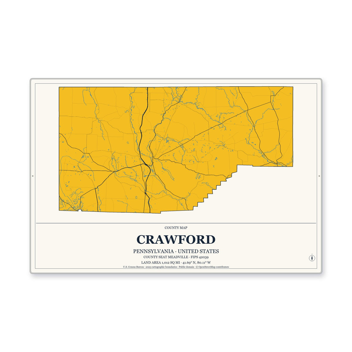Crawford County, Pennsylvania Map Aluminum Sign in Citrine Modern style