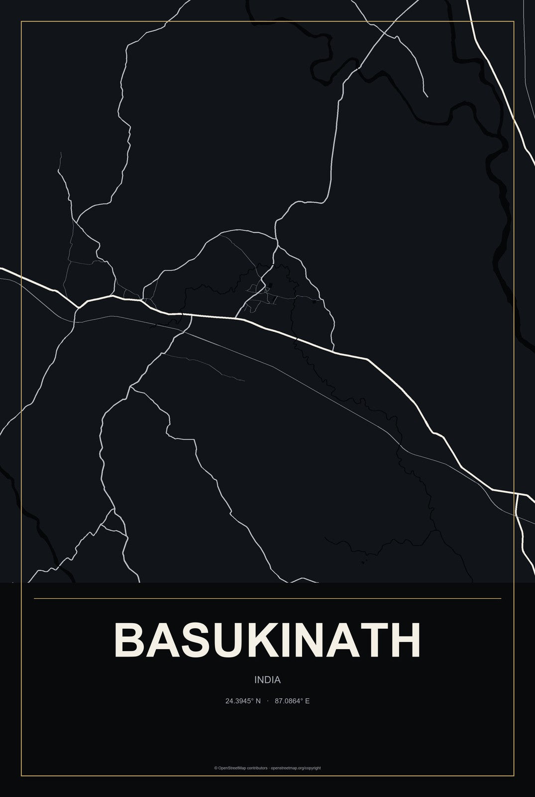 Basukinath, India City Map Aluminum Sign in Metropolitan Noir style