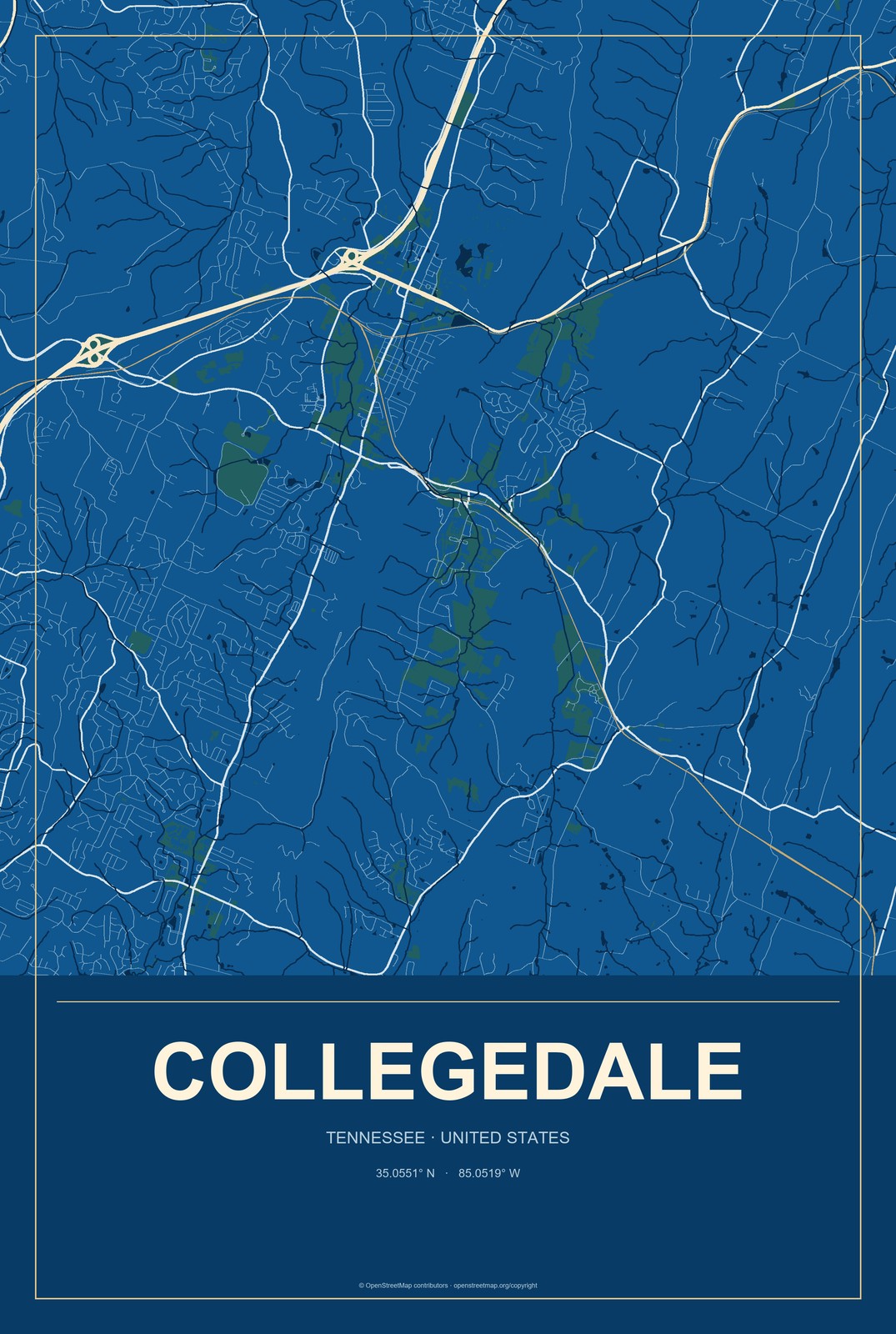 Collegedale, Tennessee City Map Aluminum Sign in Harbor Cobalt style