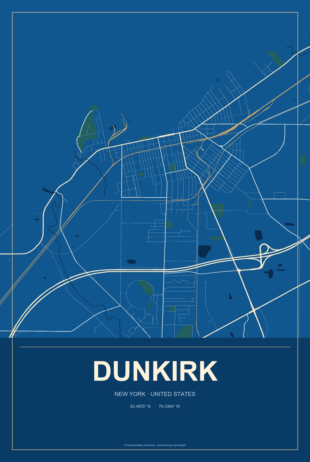 Dunkirk, New York City Map Aluminum Sign in Harbor Cobalt style
