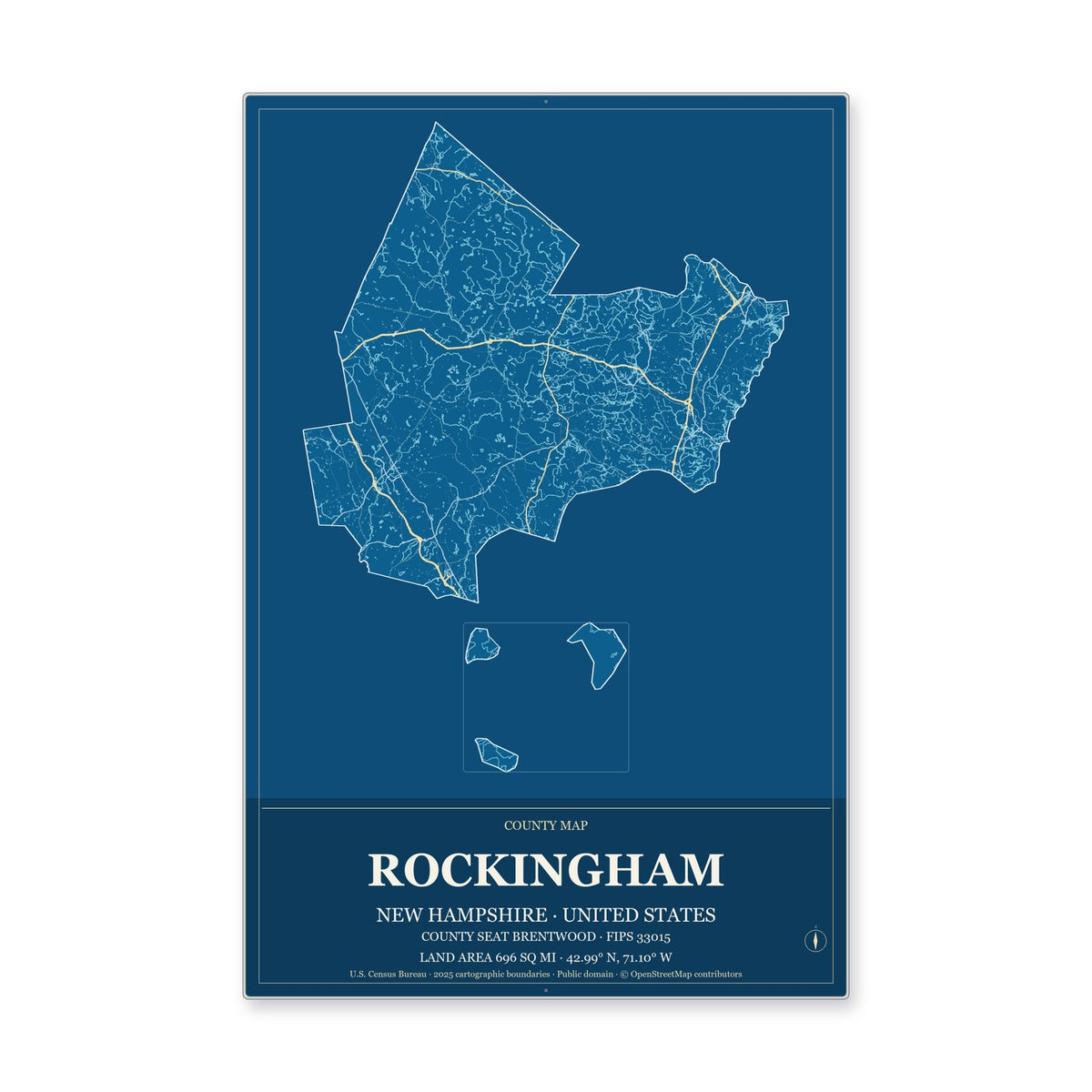 Rockingham County, New Hampshire Map Aluminum Sign in Harbor Cobalt style