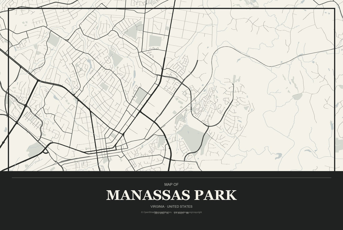 Manassas Park, Virginia City Map Aluminum Sign in Museum Plaque style