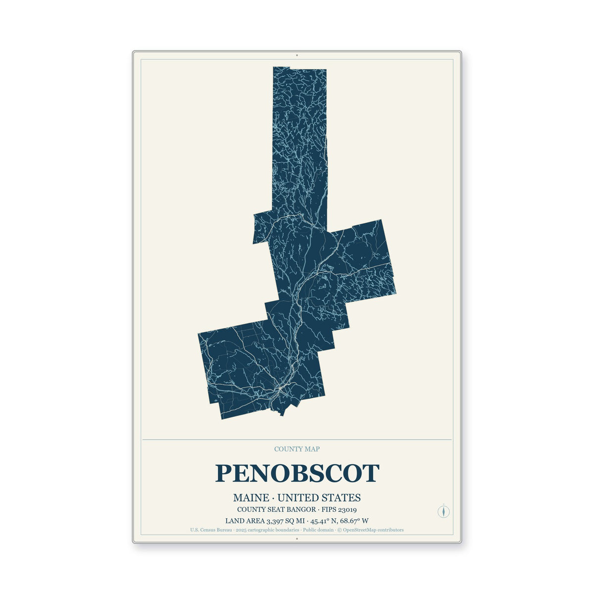 Penobscot County, Maine Map Aluminum Sign in Coastal Cutout style