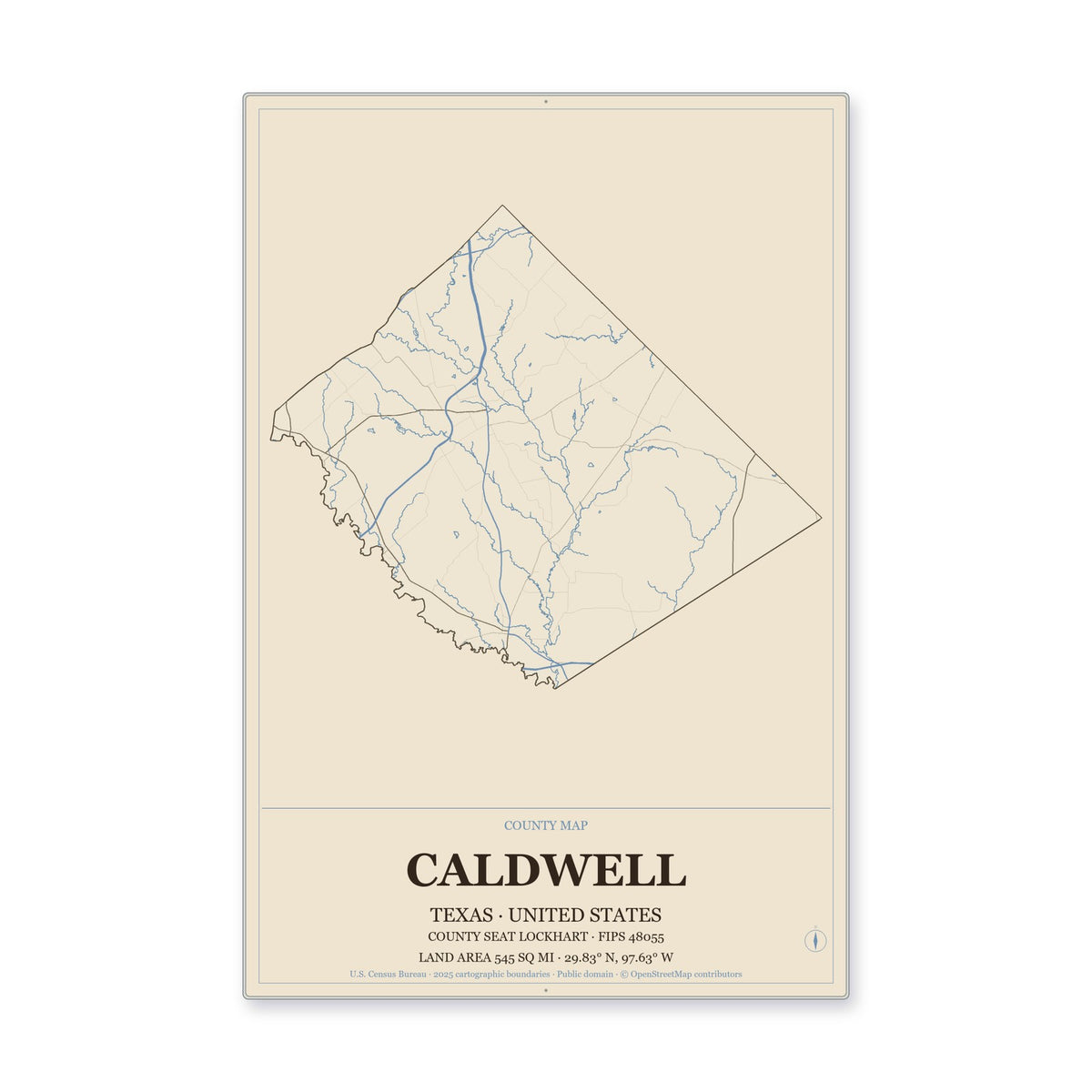 Caldwell County, Texas Map Aluminum Sign in Heritage Nautical style