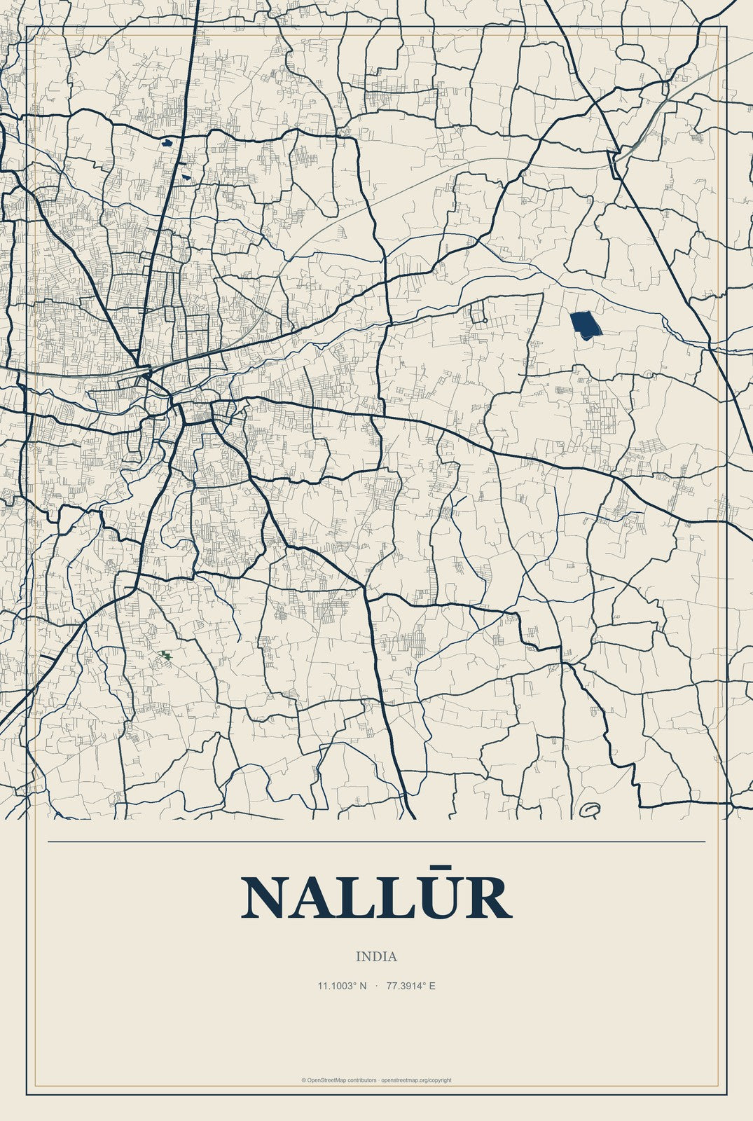 Nallūr, India City Map Aluminum Sign in Coastal Cutout style