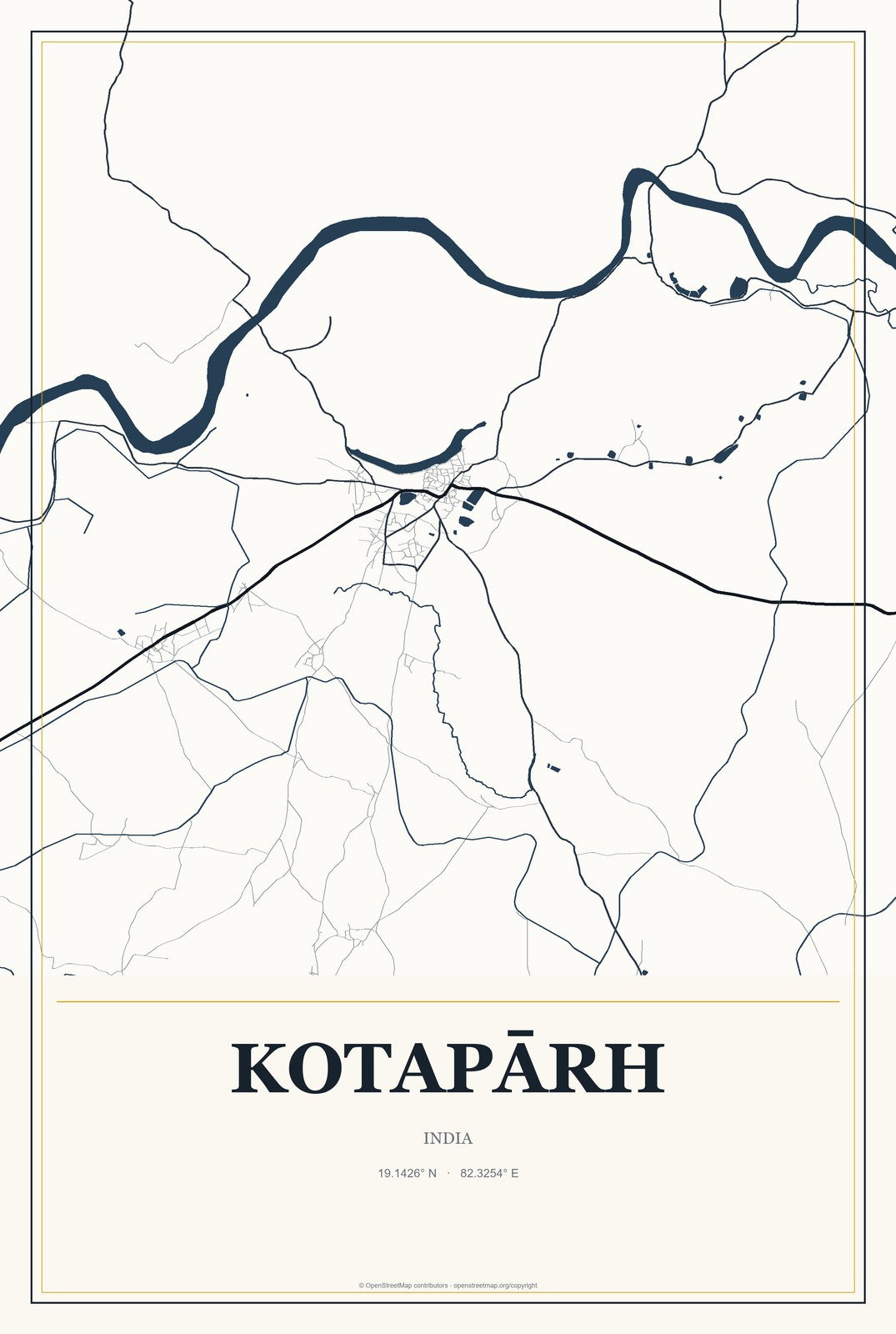 Kotapārh, India City Map Aluminum Sign in Citrine Modern style