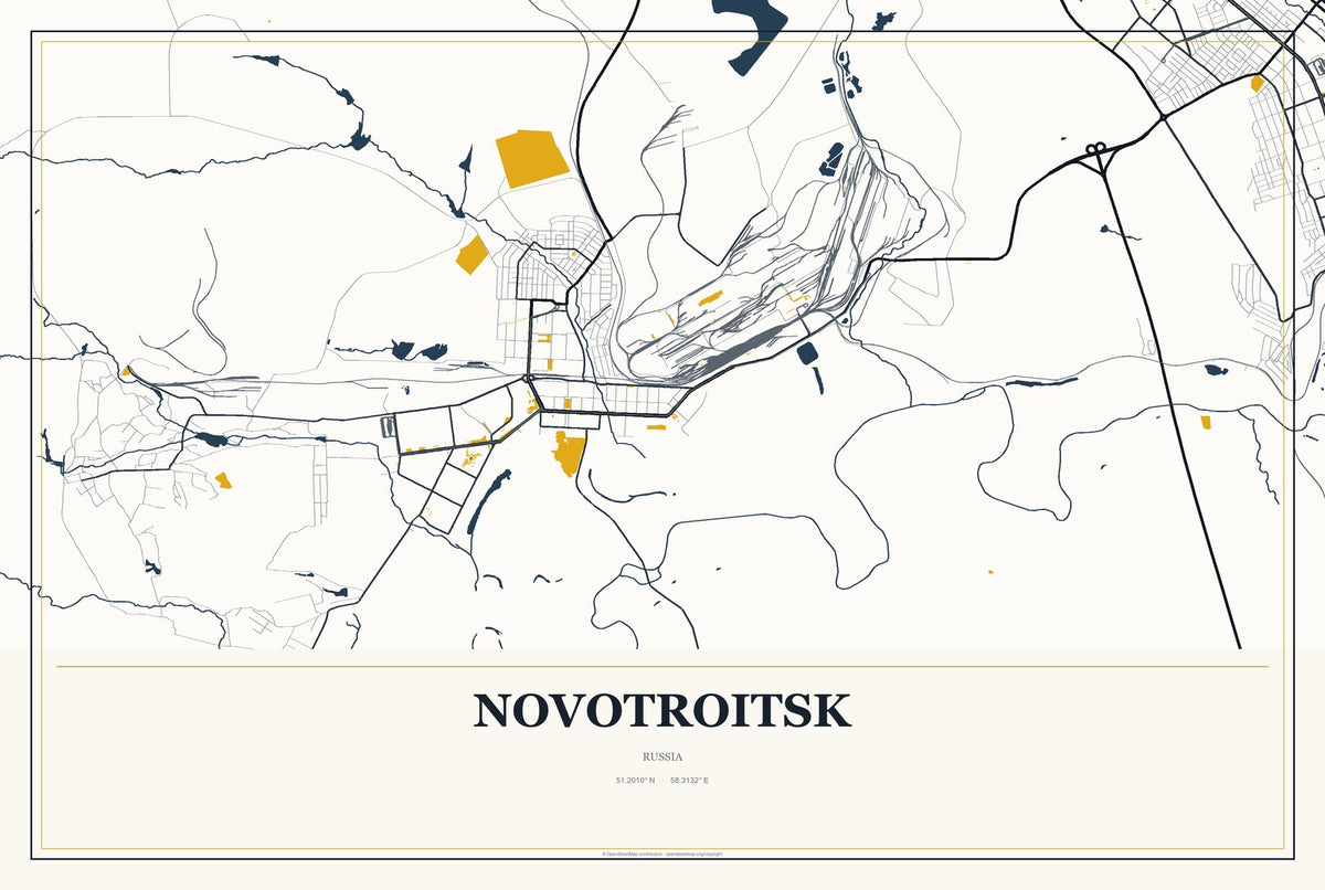 Novotroitsk, Russia City Map Aluminum Sign in Citrine Modern style