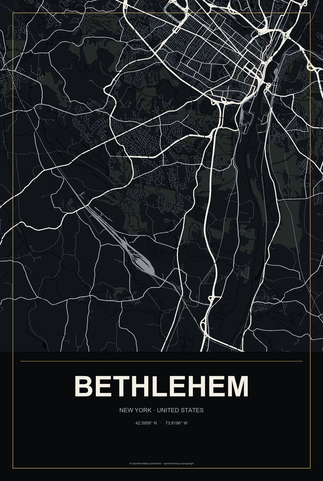 Bethlehem, New York City Map Aluminum Sign in Metropolitan Noir style