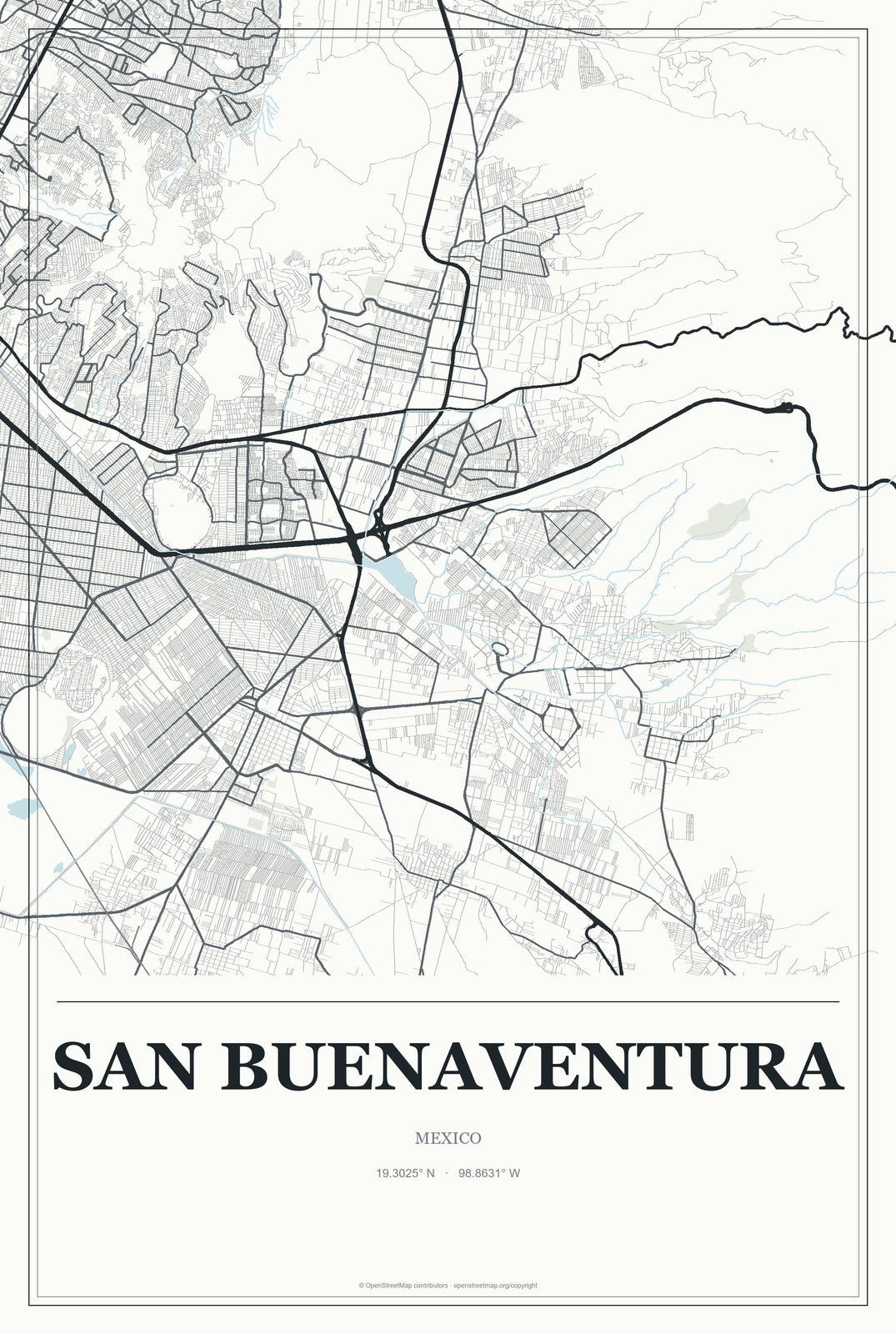 San Buenaventura, México, Mexico City Map Aluminum Sign in Gallery Air style