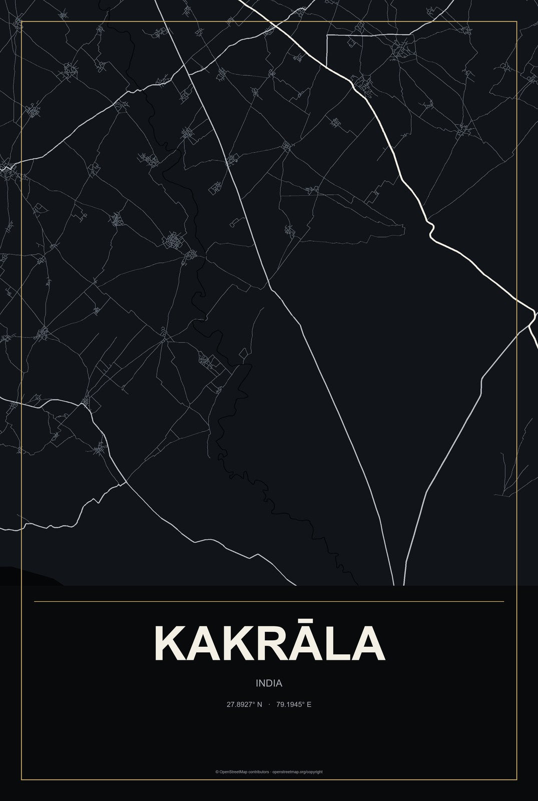 Kakrāla, India City Map Aluminum Sign in Metropolitan Noir style