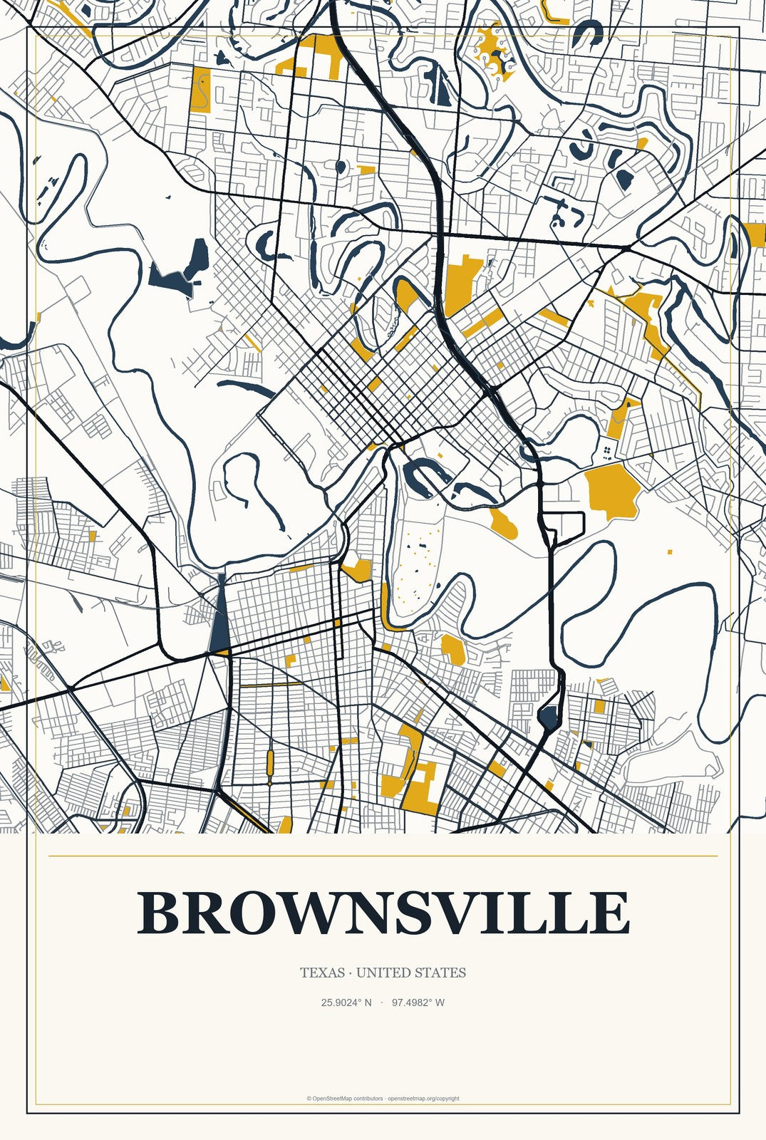 Brownsville, Texas City Map Aluminum Sign in Citrine Modern style