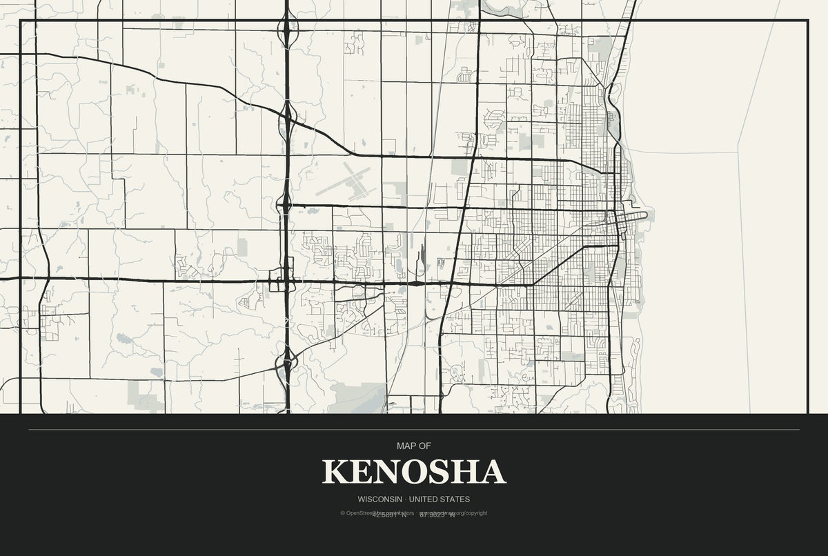 Kenosha, Wisconsin City Map Aluminum Sign in Museum Plaque style