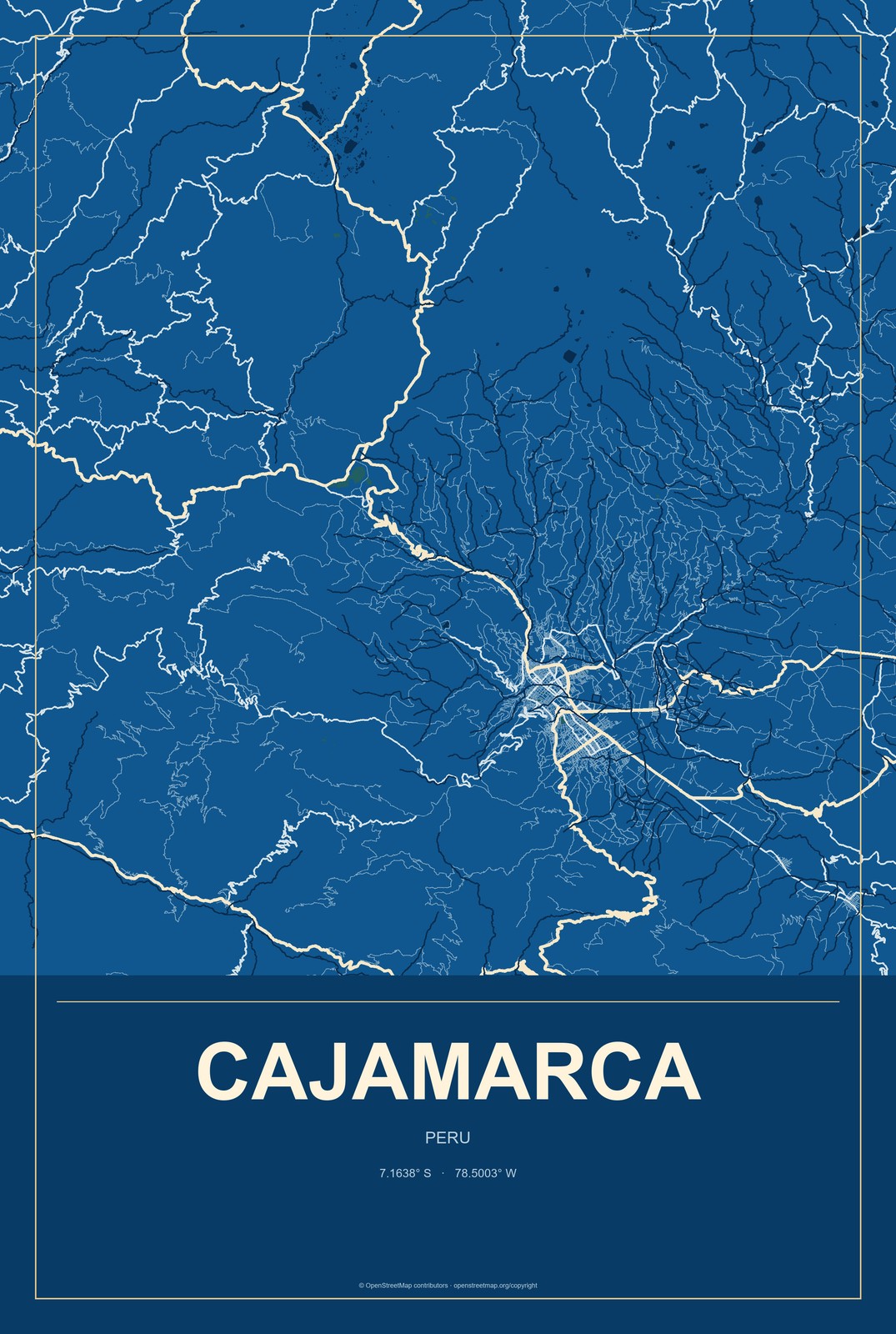 Cajamarca, Peru City Map Aluminum Sign in Harbor Cobalt style