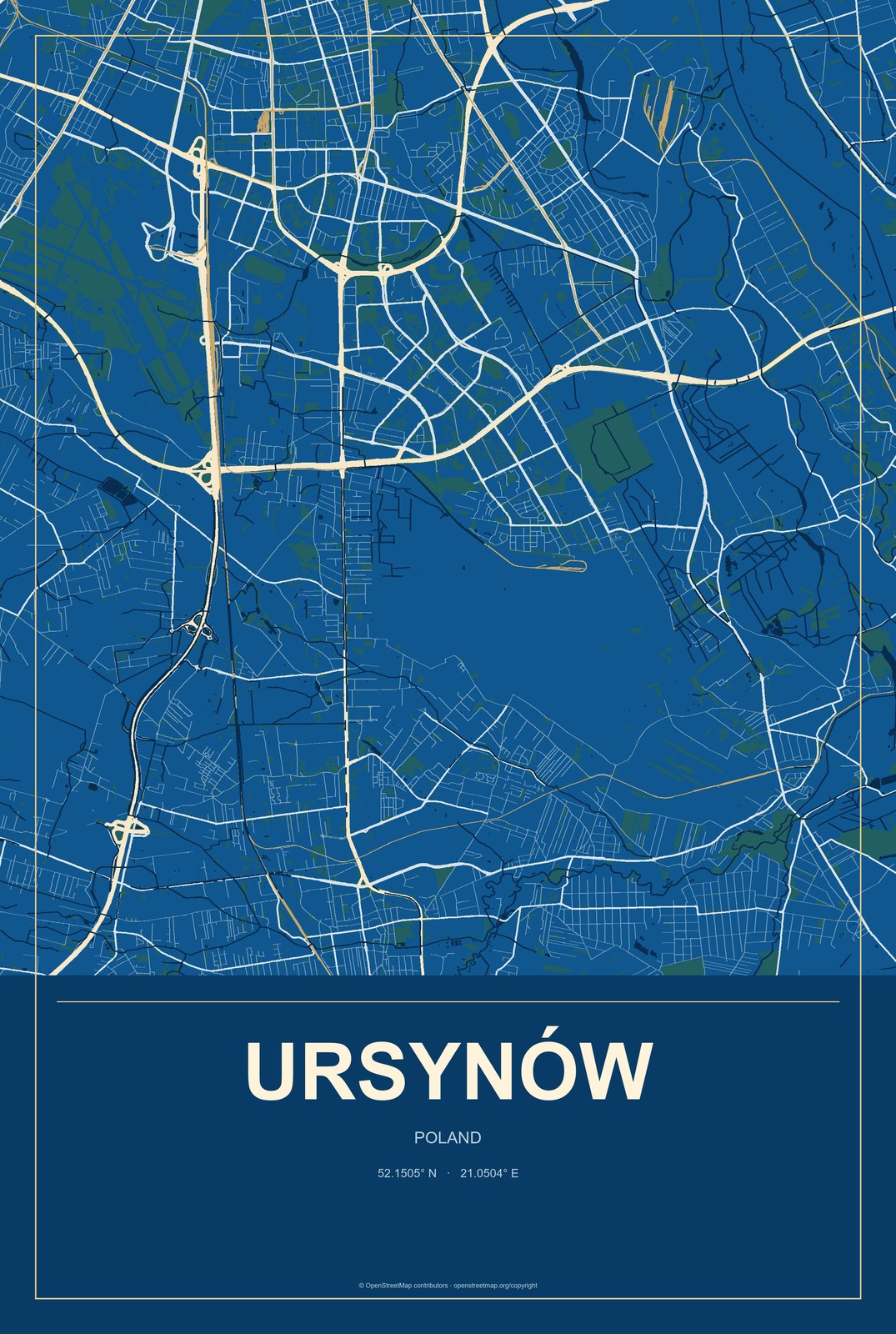 Ursynów, Poland City Map Aluminum Sign in Harbor Cobalt style