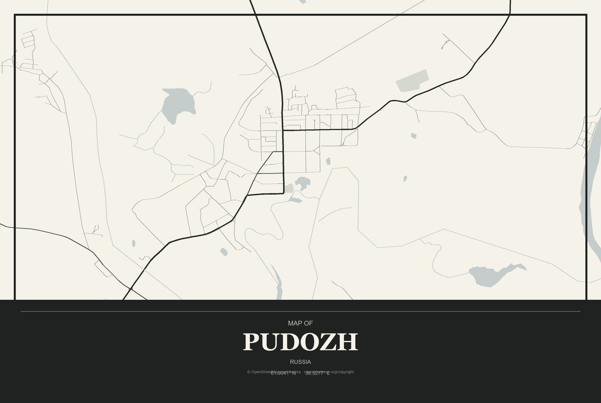 Pudozh, Russia City Map Aluminum Sign in Museum Plaque style