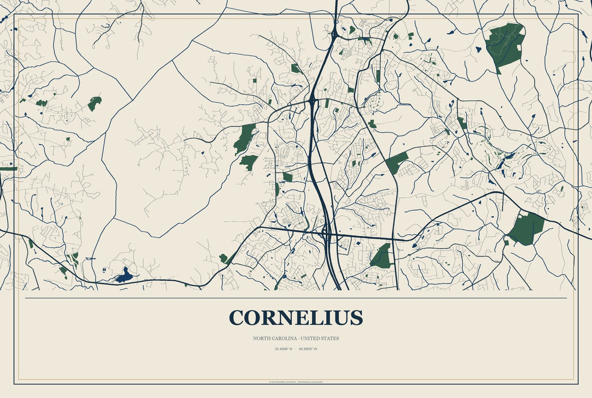 Cornelius, North Carolina City Map Aluminum Sign in Coastal Cutout style