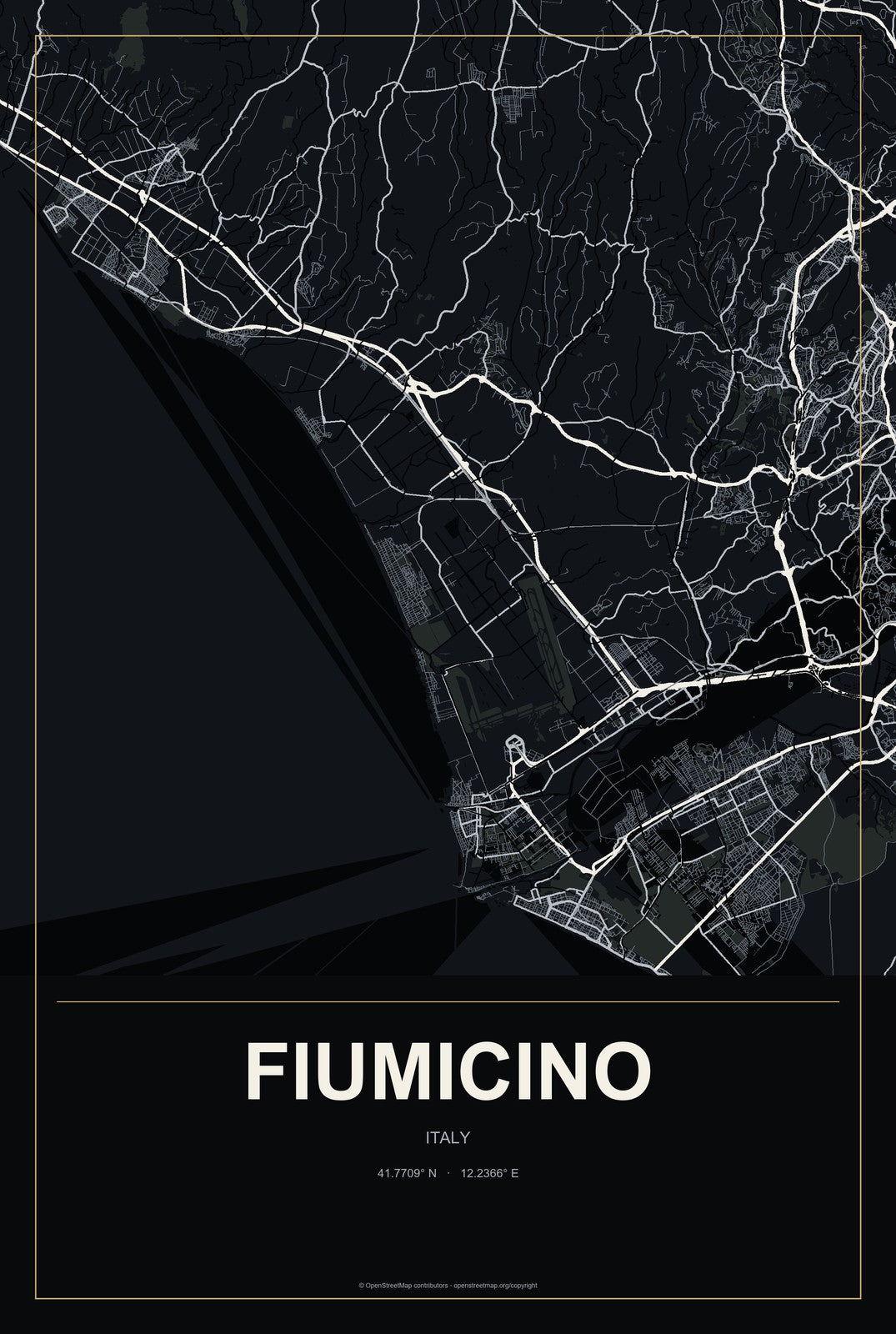Fiumicino, Italy City Map Aluminum Sign in Metropolitan Noir style
