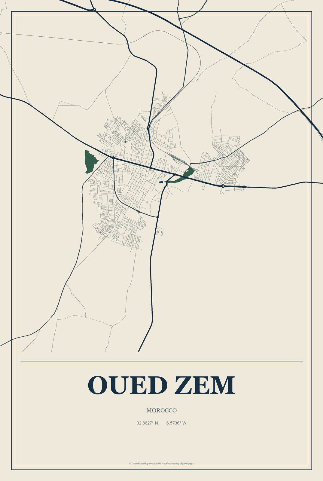 Oued Zem, Morocco City Map Aluminum Sign in Coastal Cutout style