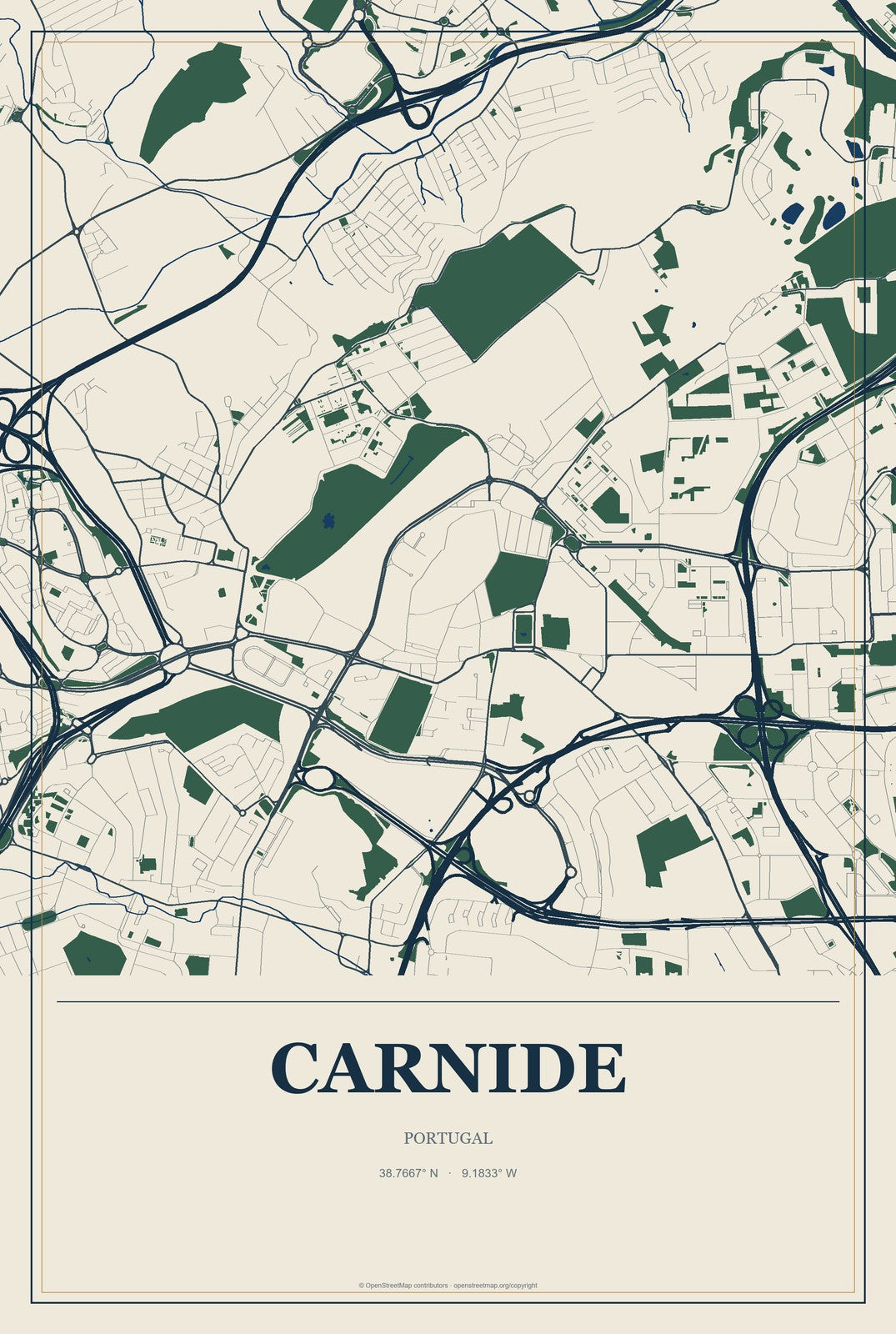 Carnide, Portugal City Map Aluminum Sign in Coastal Cutout style