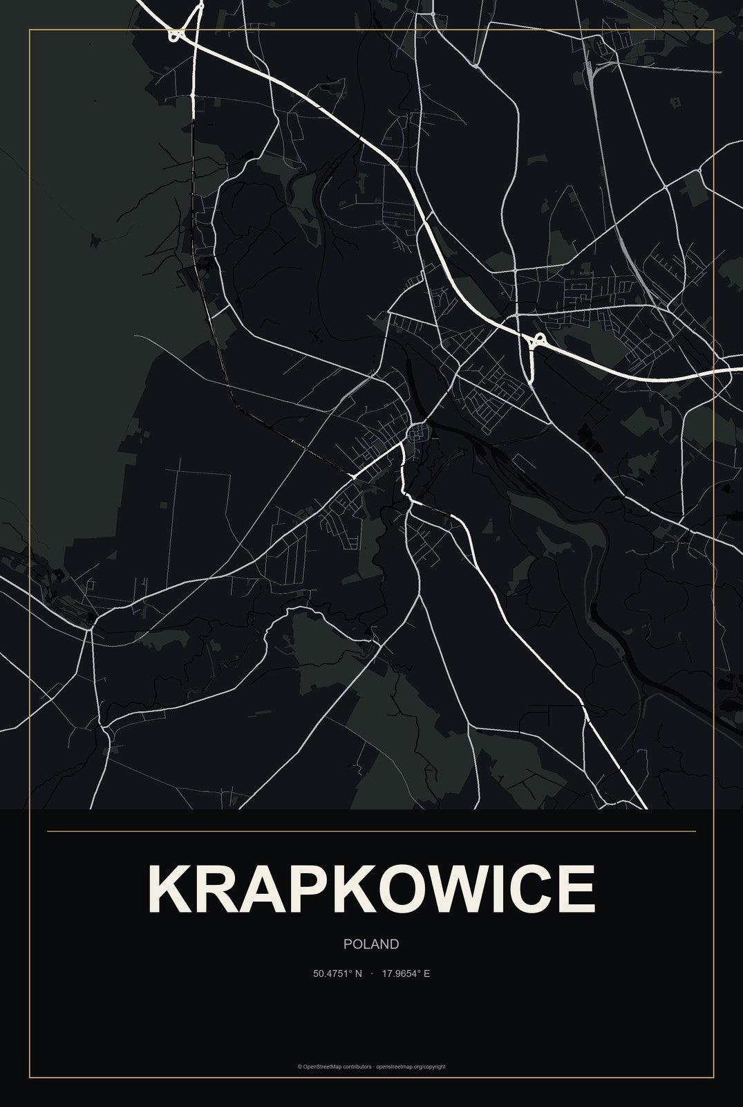 Krapkowice, Poland City Map Aluminum Sign in Metropolitan Noir style