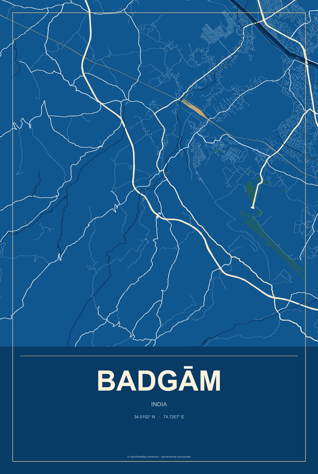 Badgām, India City Map Aluminum Sign in Harbor Cobalt style