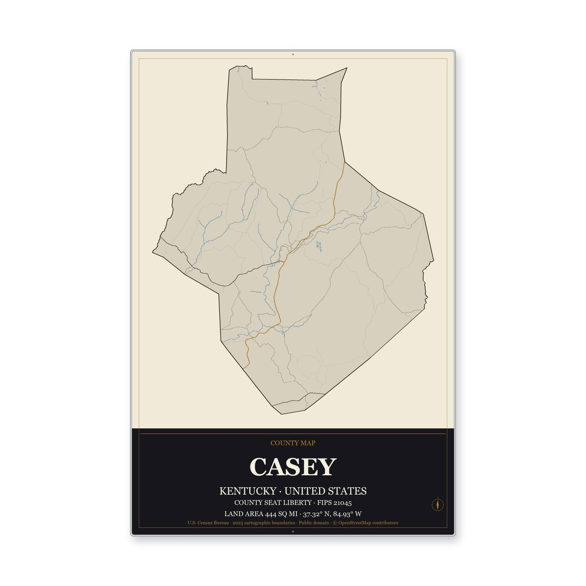 Casey County, Kentucky Map Aluminum Sign in Museum Plaque style