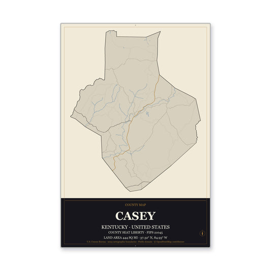Casey County, Kentucky Map Aluminum Sign in Museum Plaque style