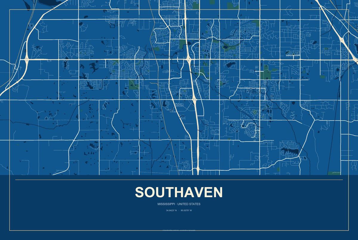 Southaven, Mississippi City Map Aluminum Sign in Harbor Cobalt style