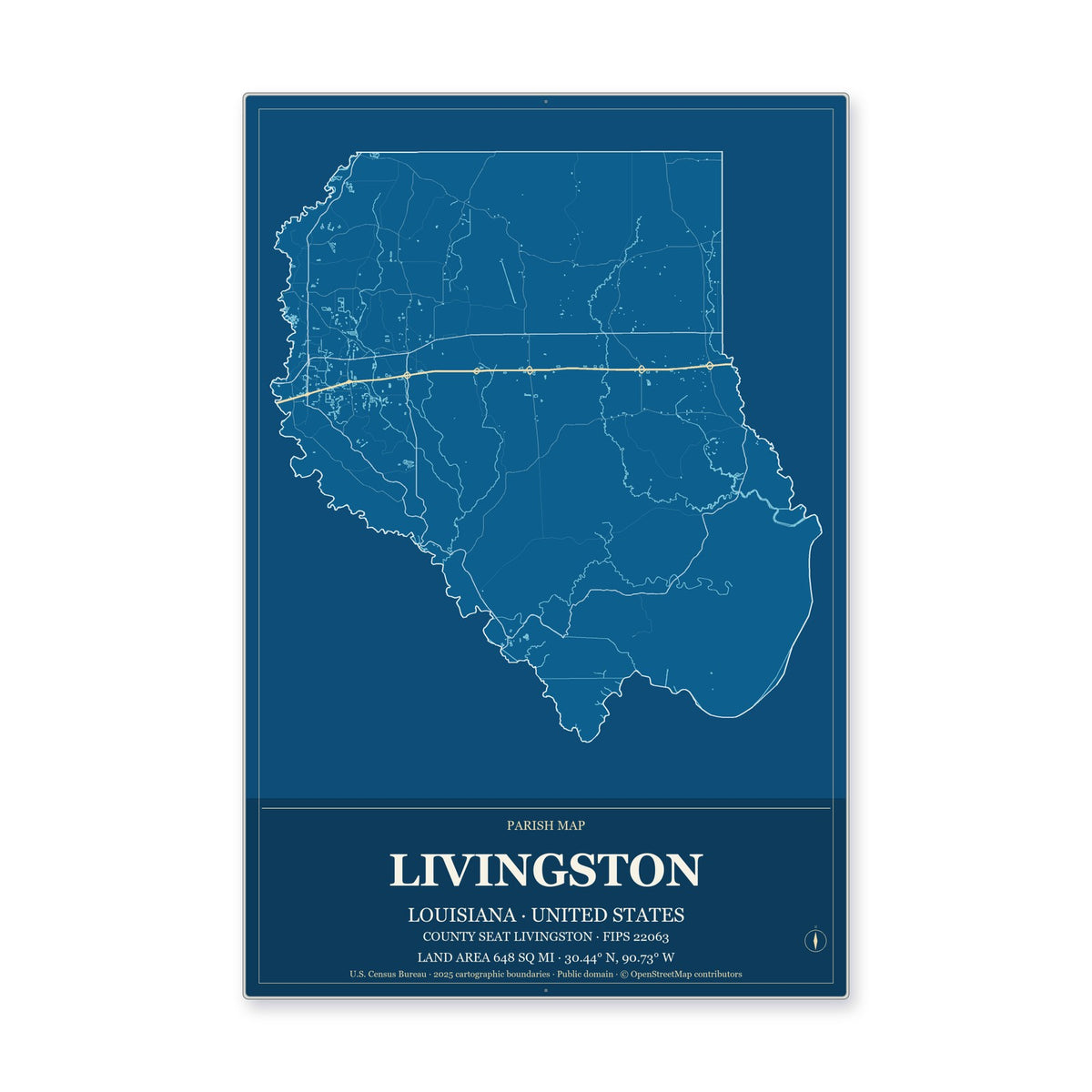 Livingston Parish, Louisiana Map Aluminum Sign in Harbor Cobalt style