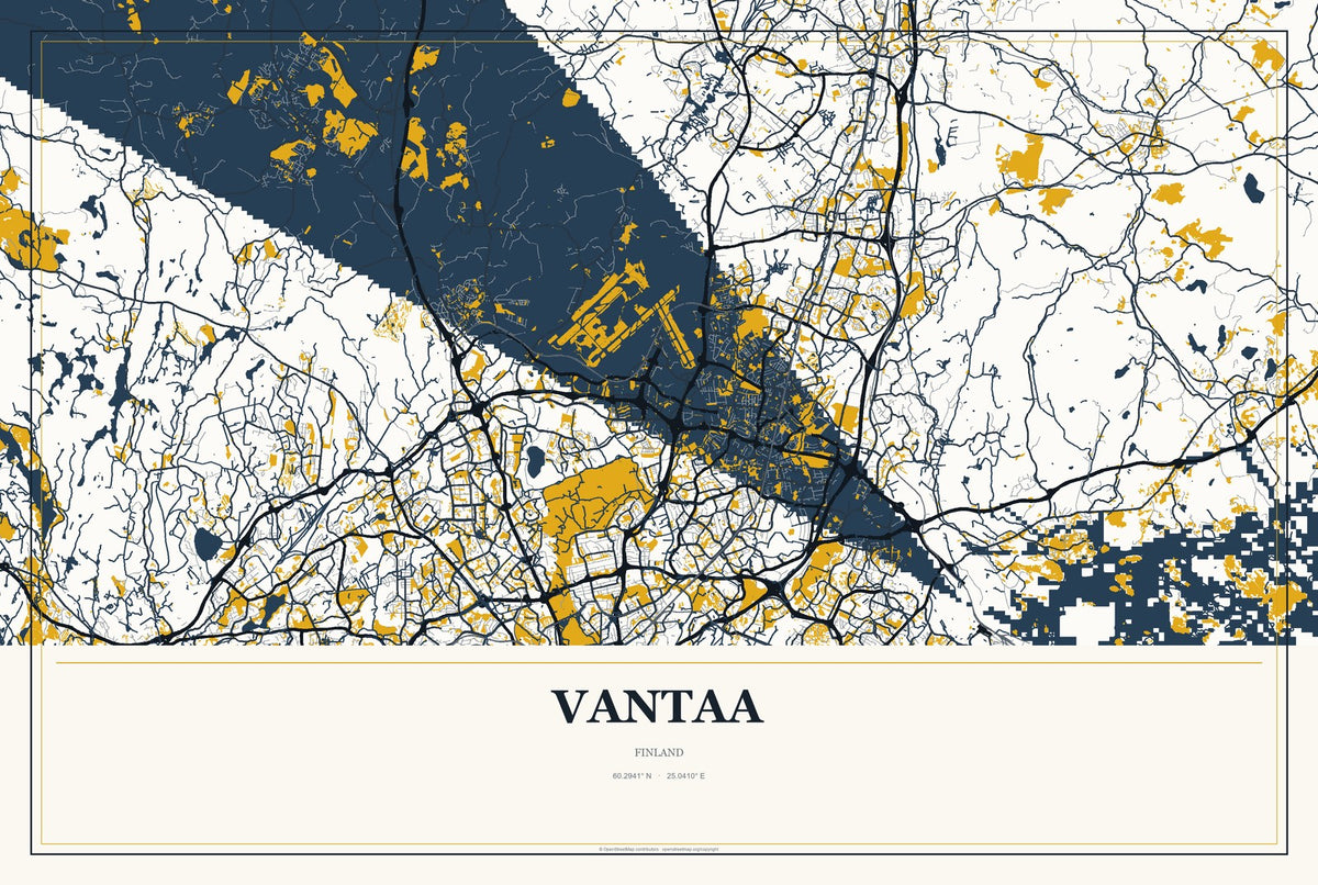 Vantaa, Finland City Map Aluminum Sign in Citrine Modern style