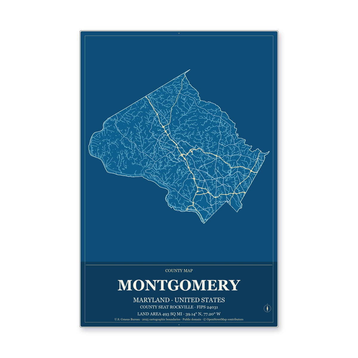 Montgomery County, Maryland Map Aluminum Sign in Harbor Cobalt style